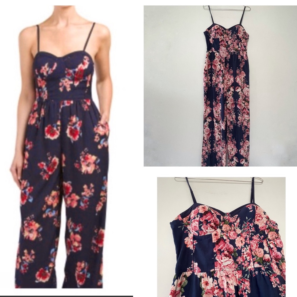 Band of Gypsies bustier jumpsuit, wide leg in navy blue and pink roses